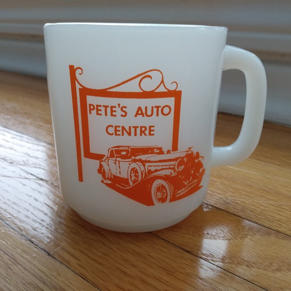 Vintage Milkglass Mug "Pete's Auto Centre" Retro Car Mechanic #2